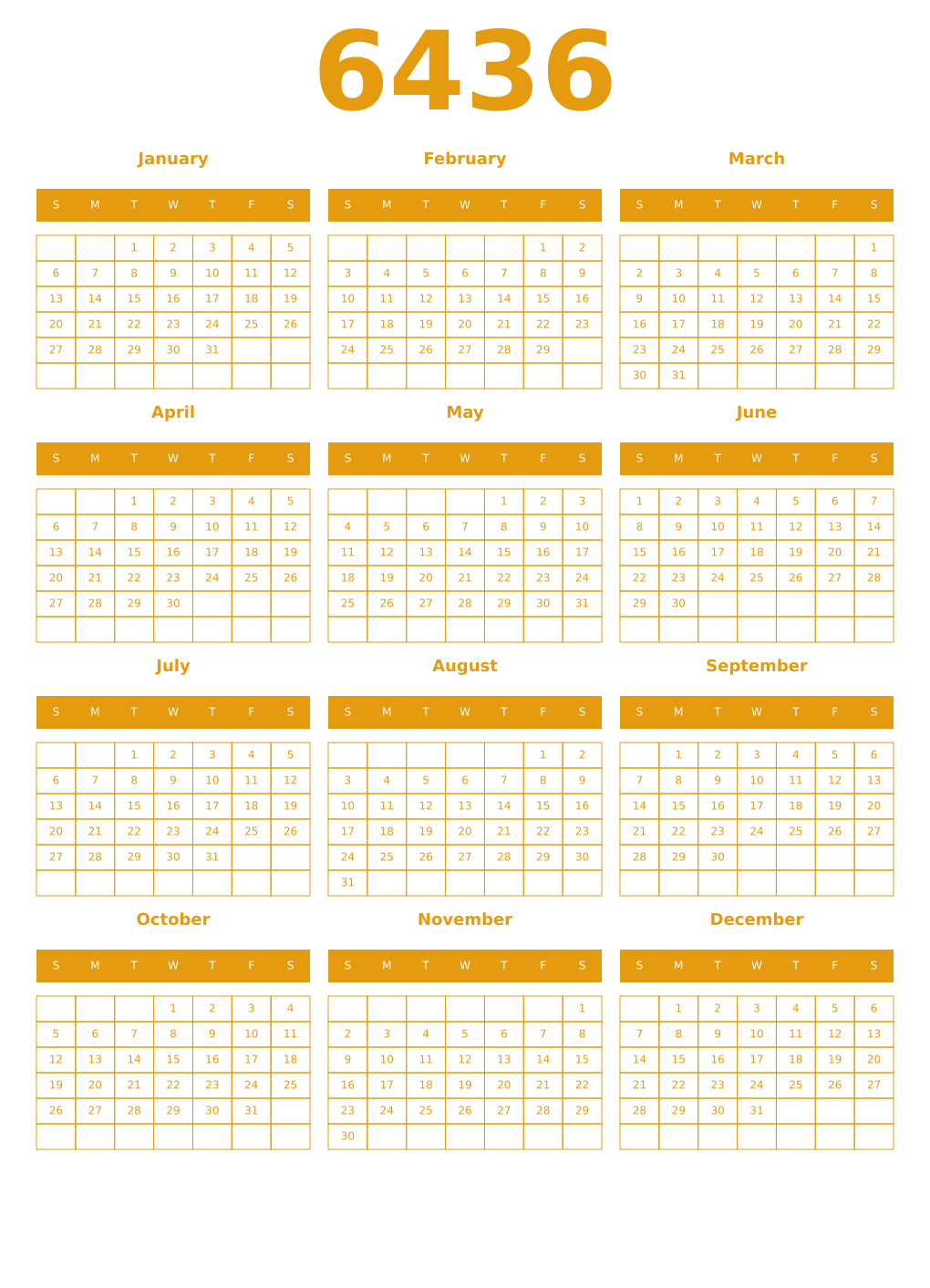 Printable 6436 Year Calendars gamboge