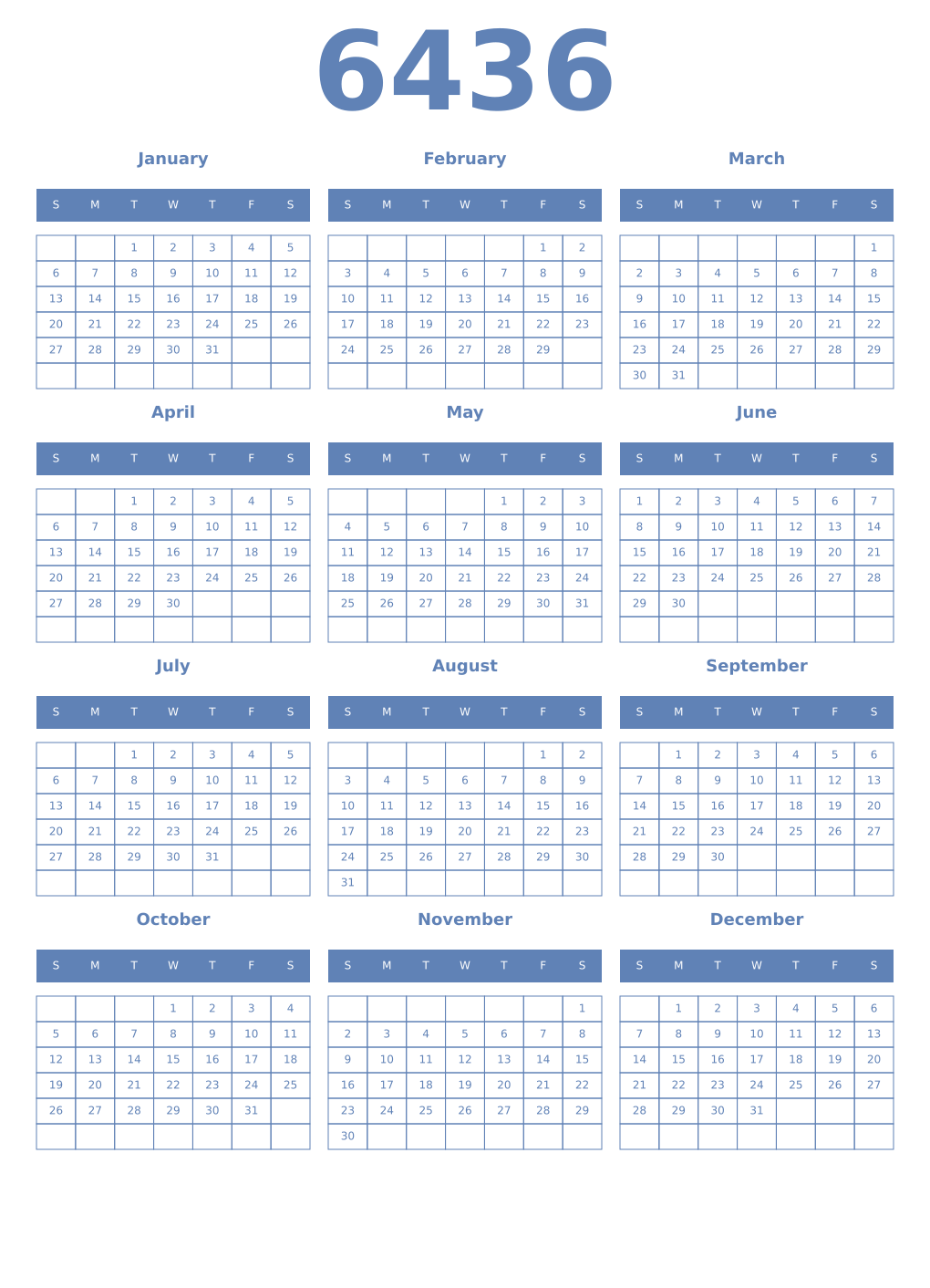 Printable 6436 Year Calendars glaucous