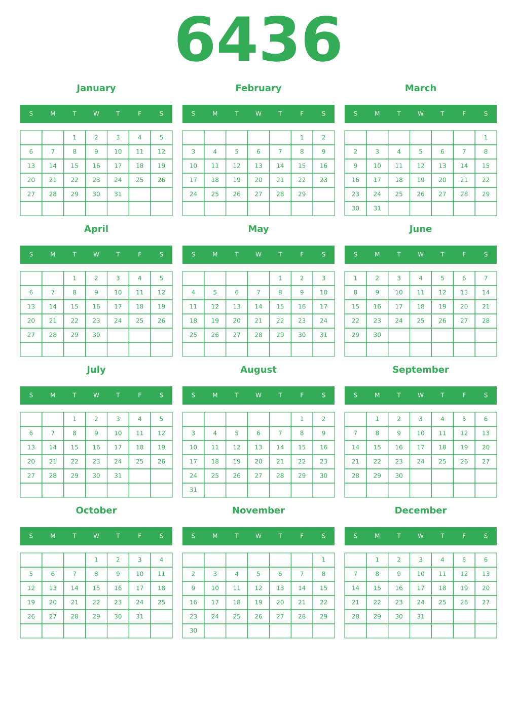 Printable 6436 Year Calendars green