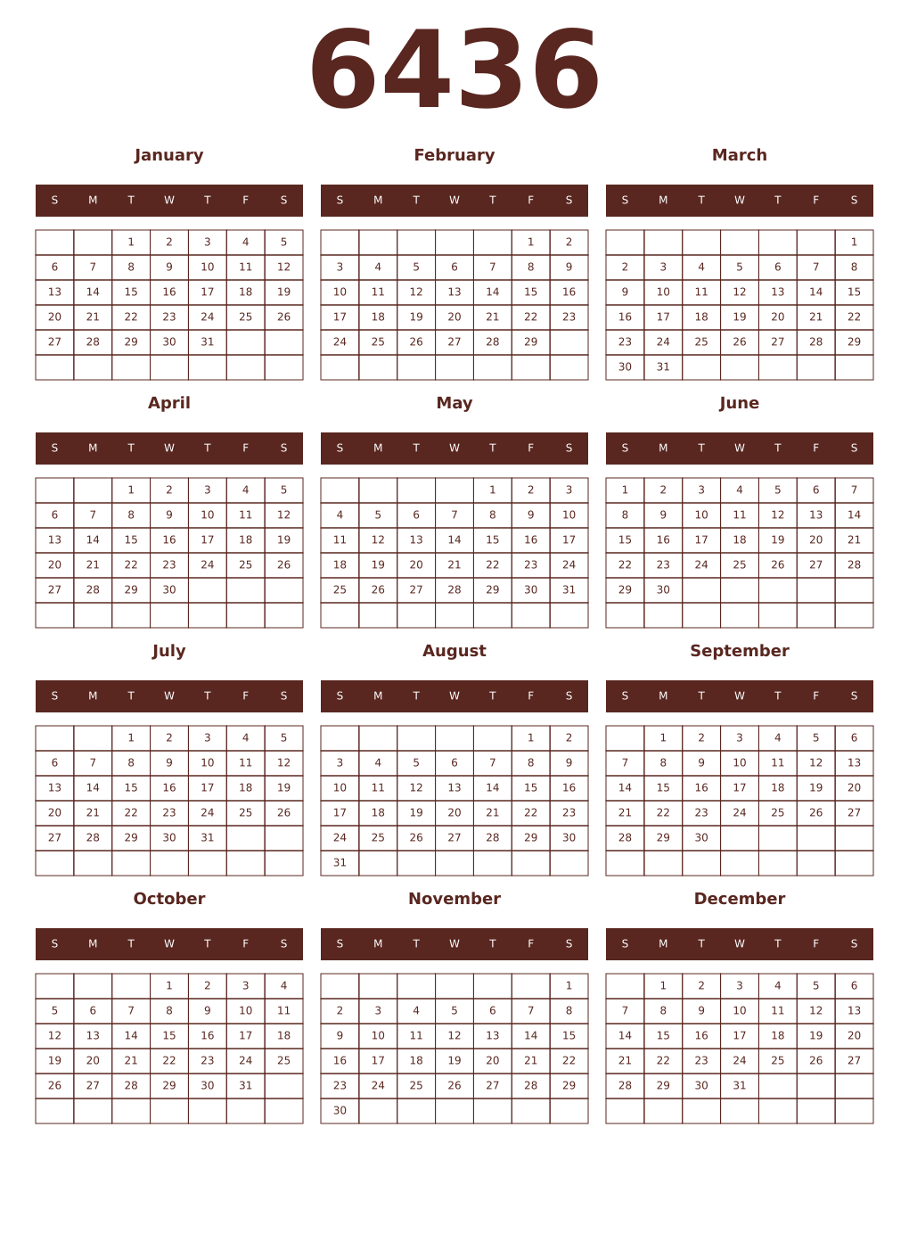Printable 6436 Year Calendars mortuum