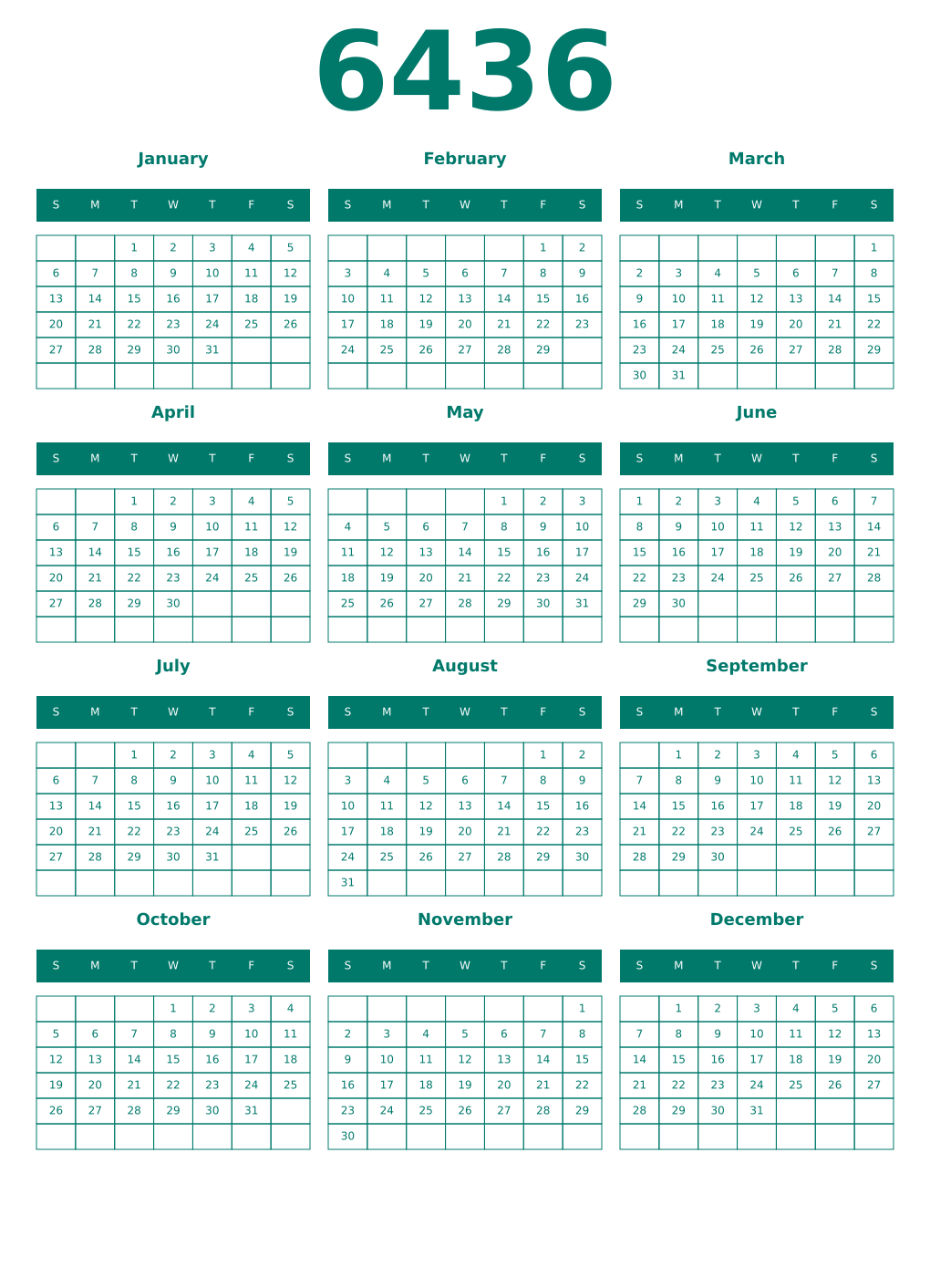 Printable 6436 Year Calendars pastel