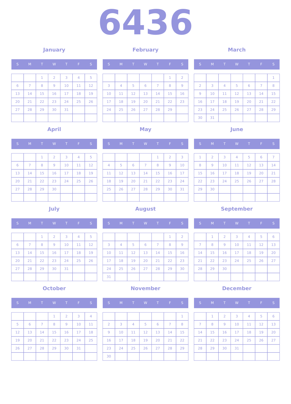 Printable 6436 Year Calendars periwinkle