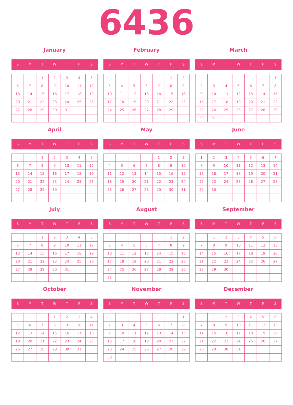 Printable 6436 Year Calendars pink