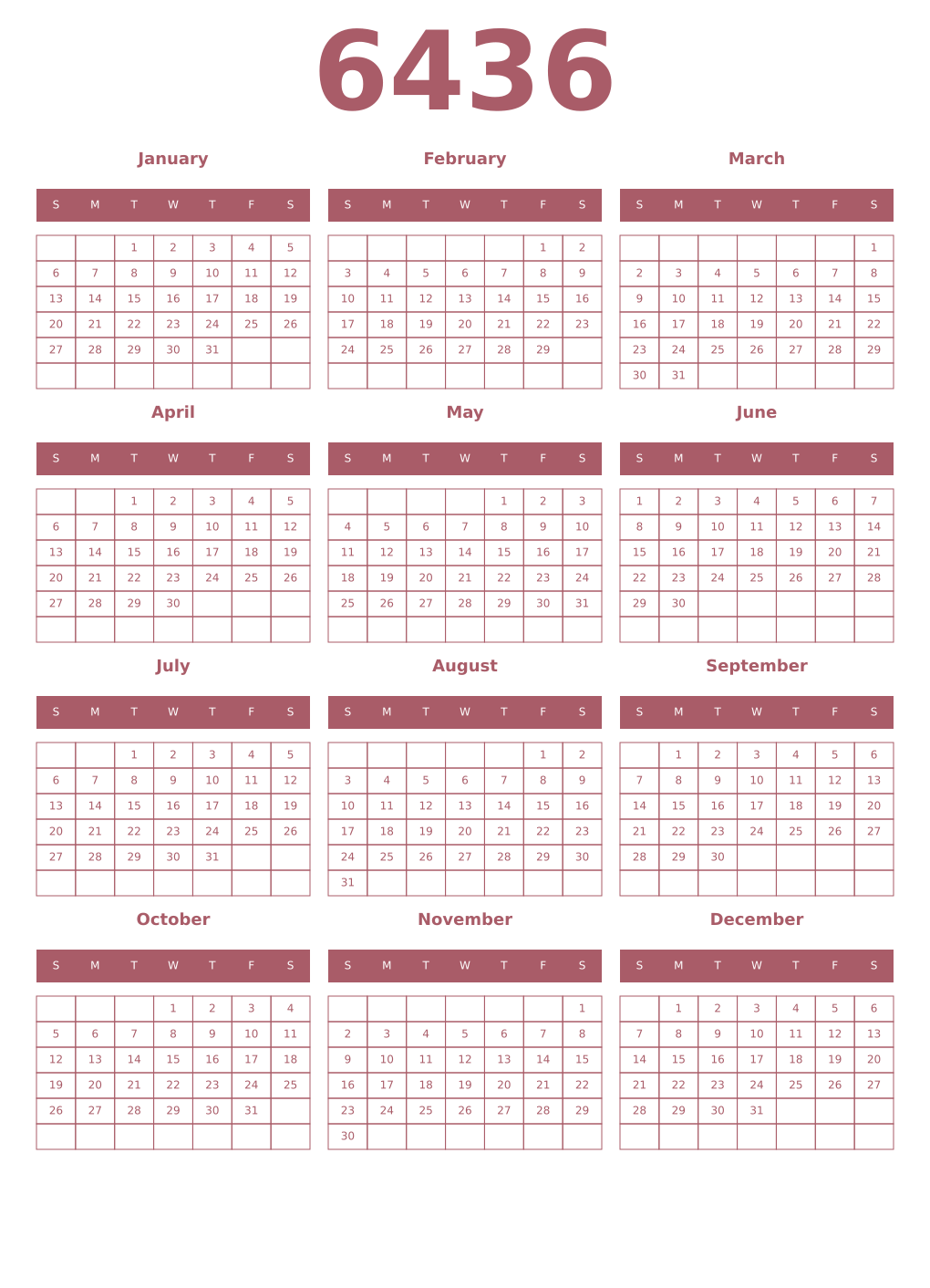 Printable 6436 Year Calendars puce