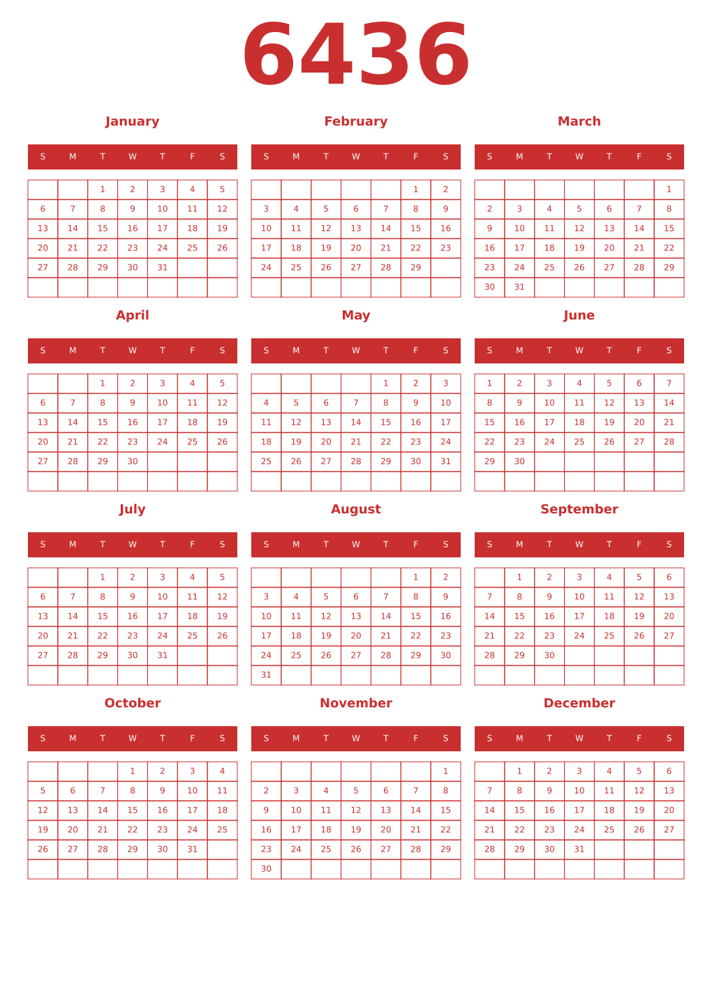 Printable 6436 Year Calendars red