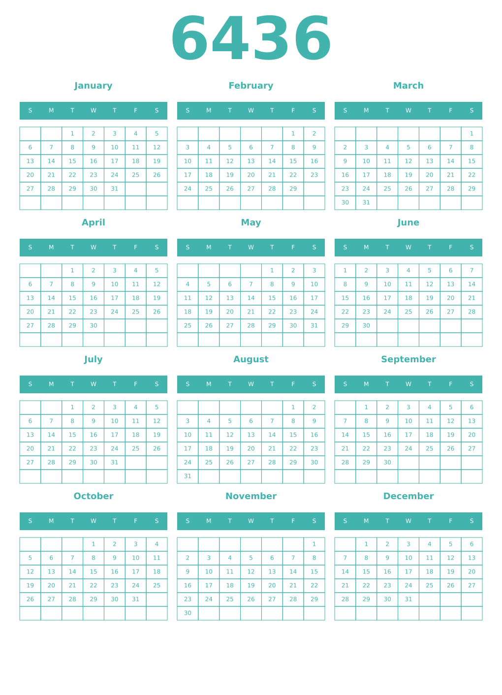 Printable 6436 Year Calendars verdigris