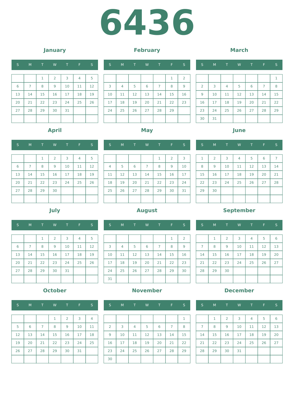 Printable 6436 Year Calendars viridian