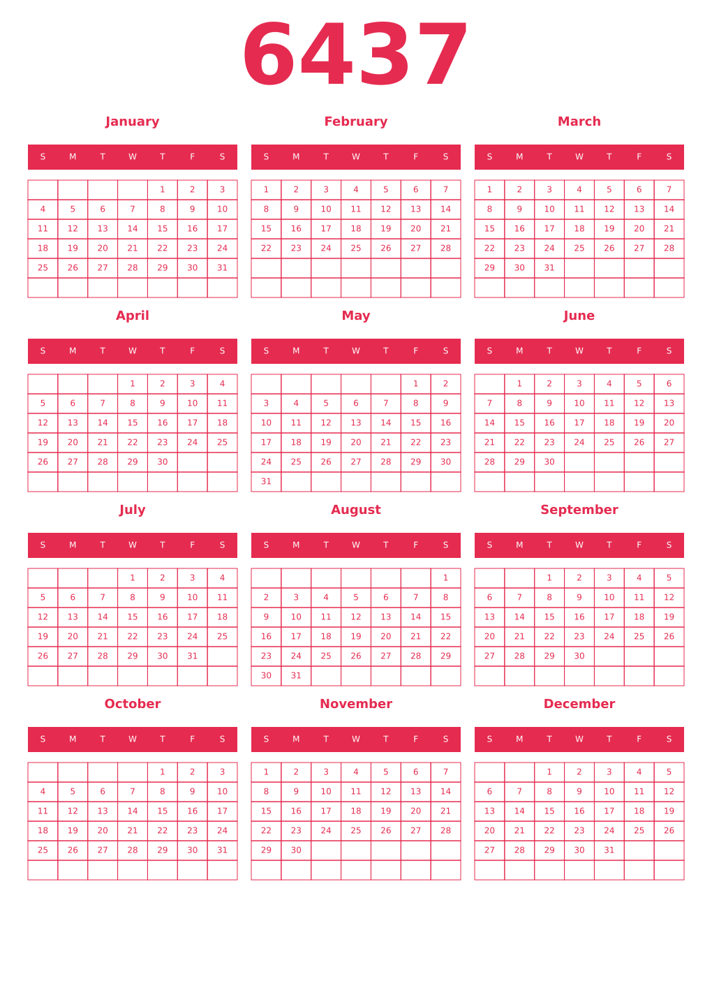 Printable 6437 Year Calendars amaranth