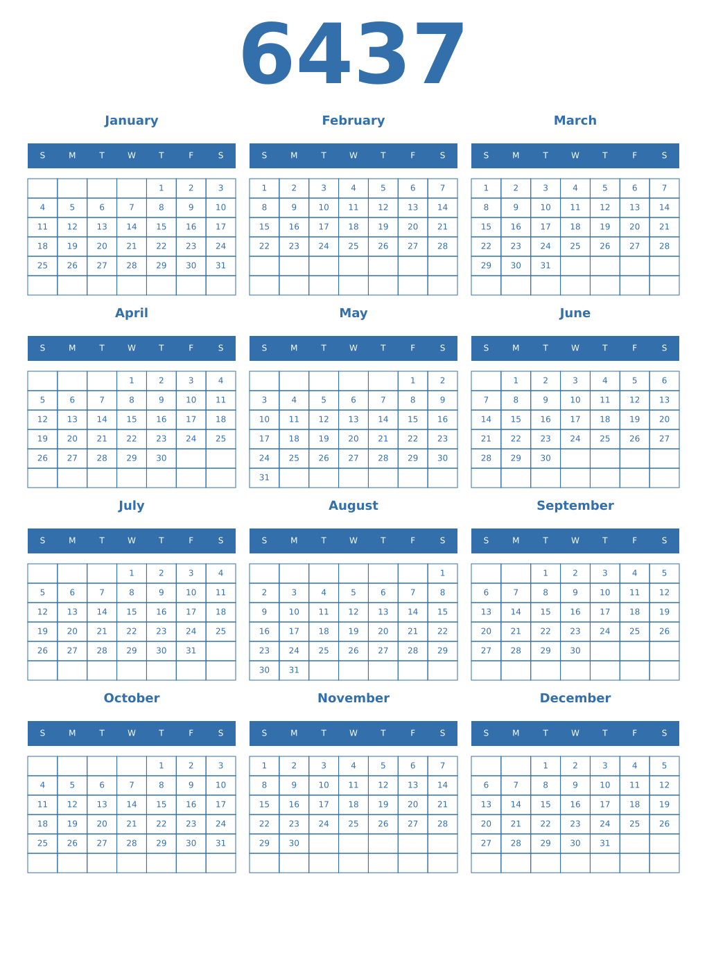 Printable 6437 Year Calendars blue