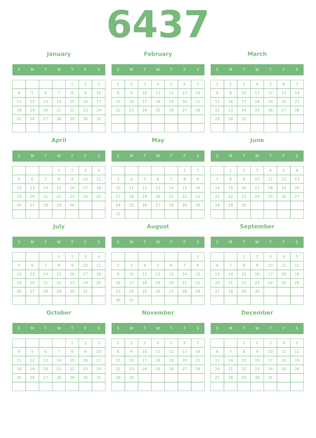 Printable 6437 Year Calendars celadon