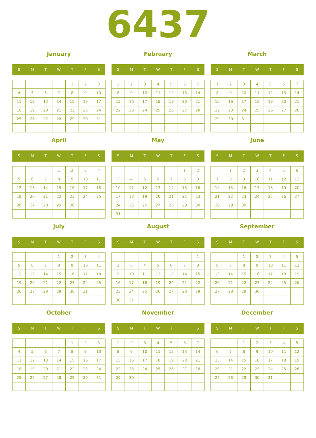 Printable 6437 Year Calendars chartreuse