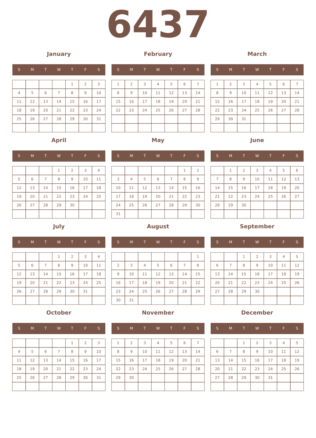 Printable 6437 Year Calendars coffe
