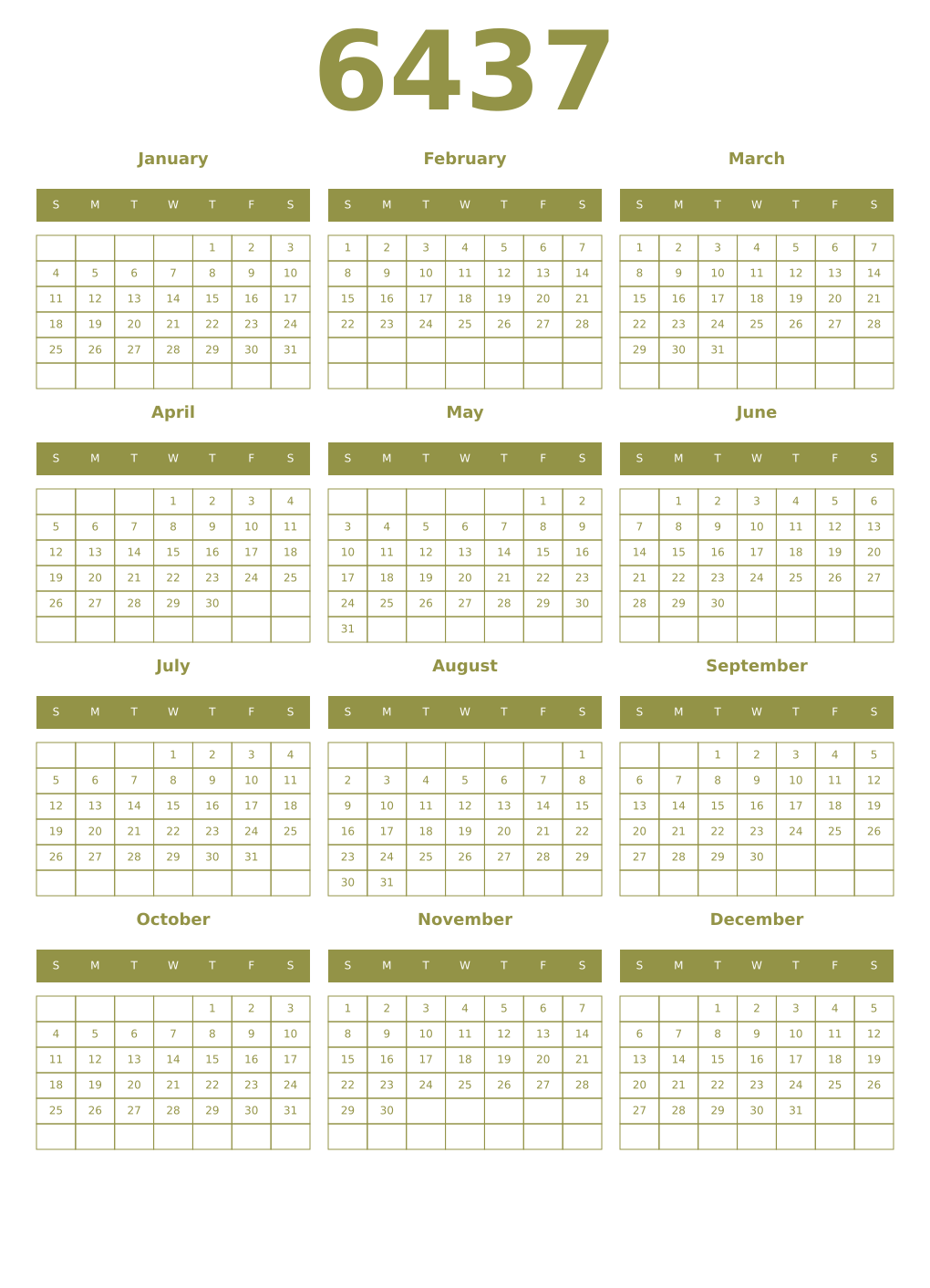 Printable 6437 Year Calendars eburnean
