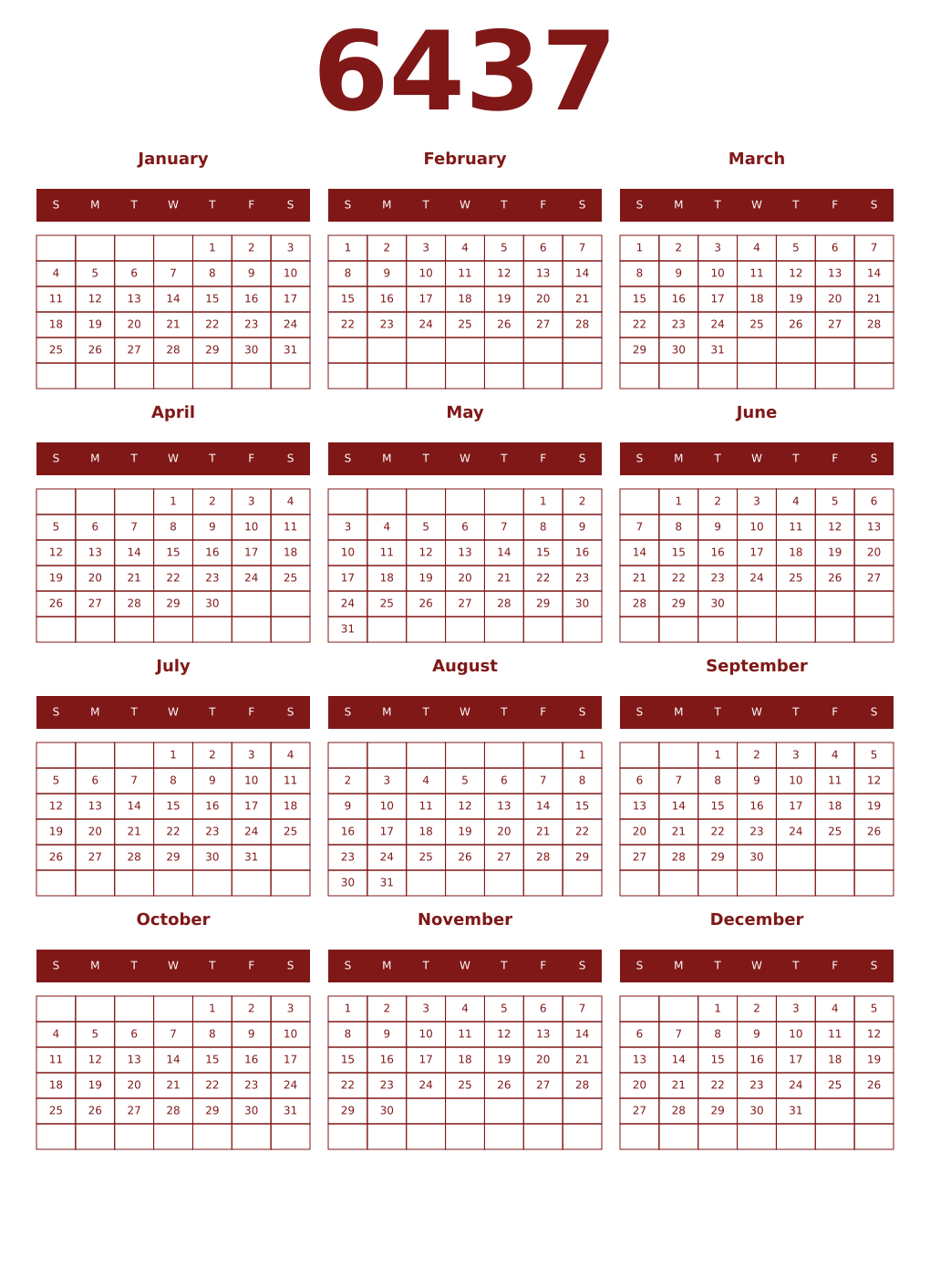 Printable 6437 Year Calendars falu