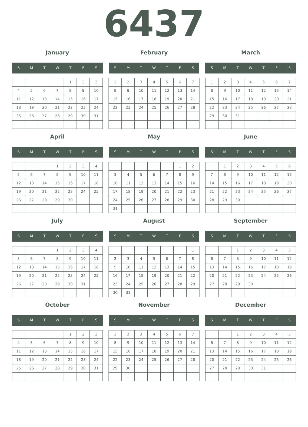 Printable 6437 Year Calendars feldgrau