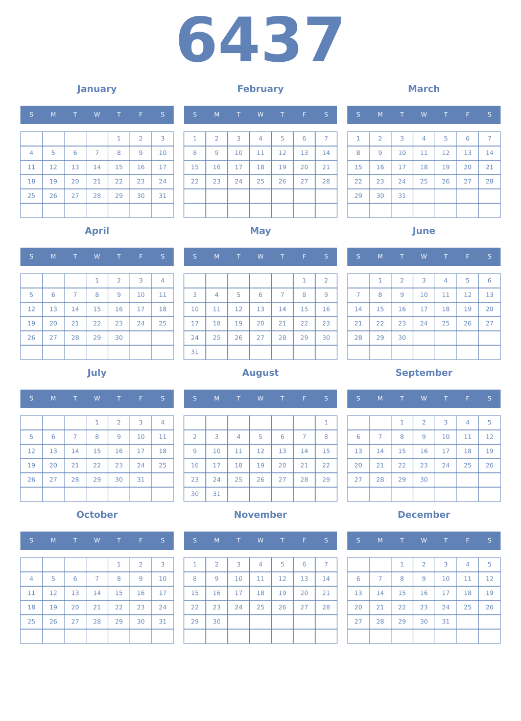 Printable 6437 Year Calendars glaucous