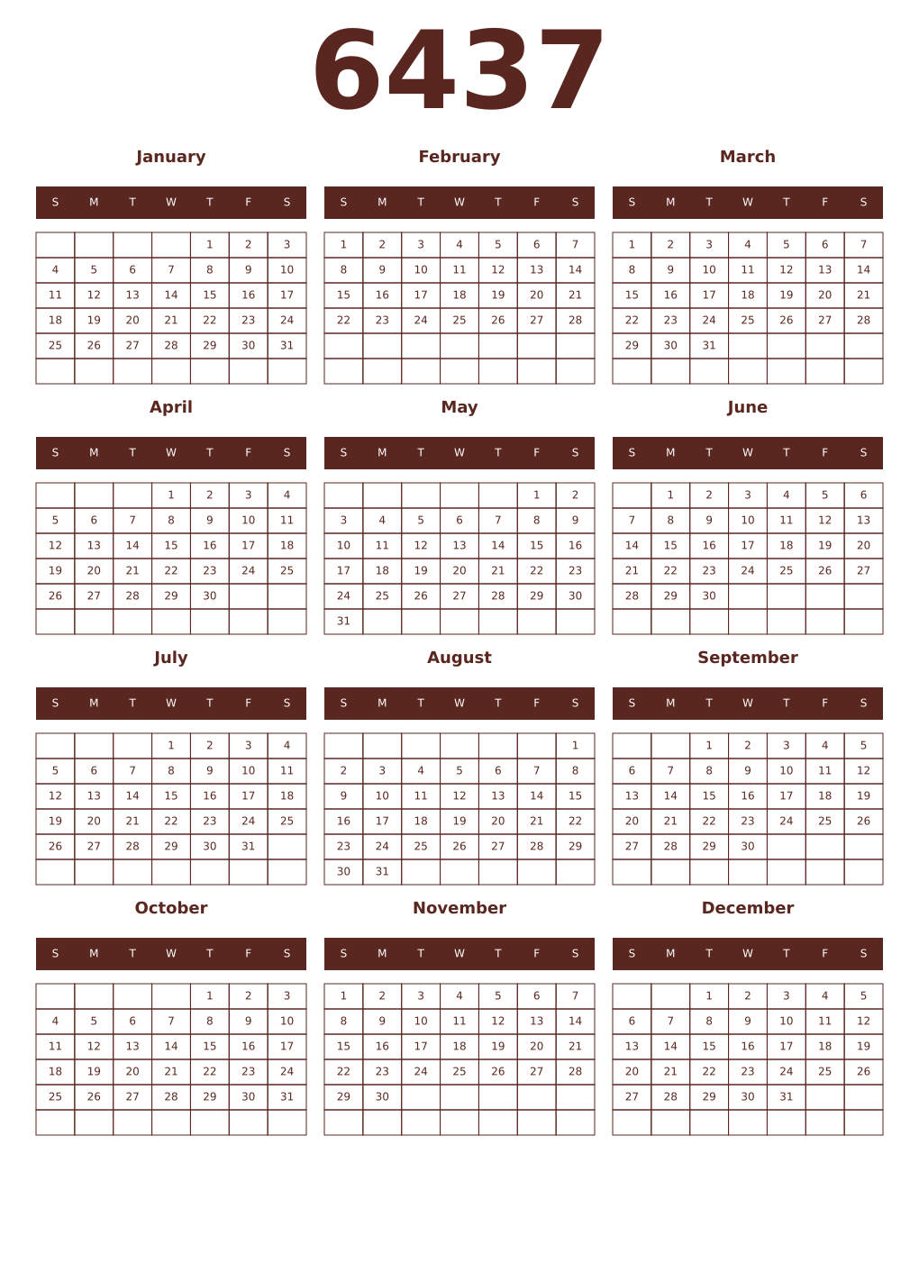 Printable 6437 Year Calendars mortuum