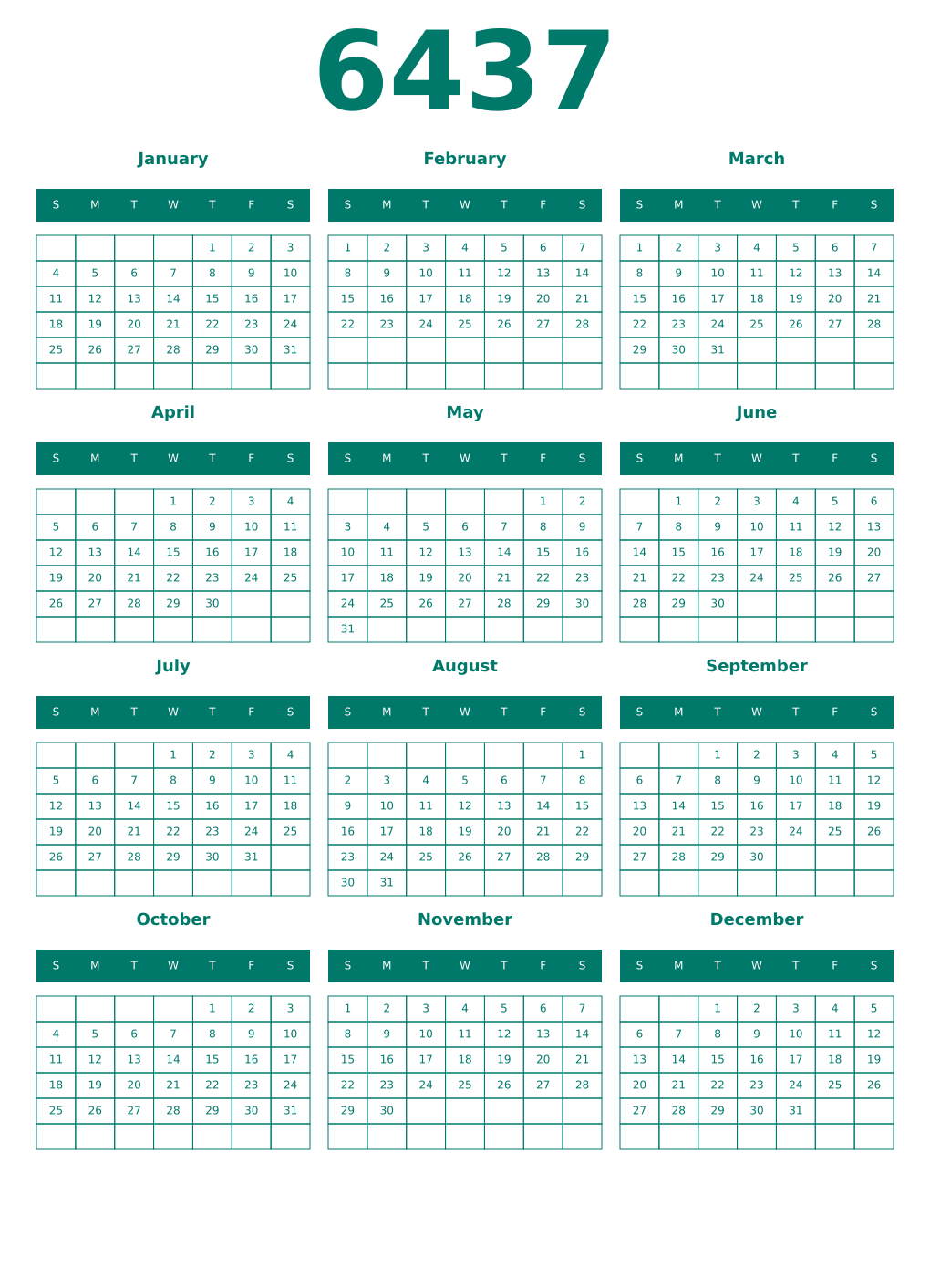 Printable 6437 Year Calendars pastel