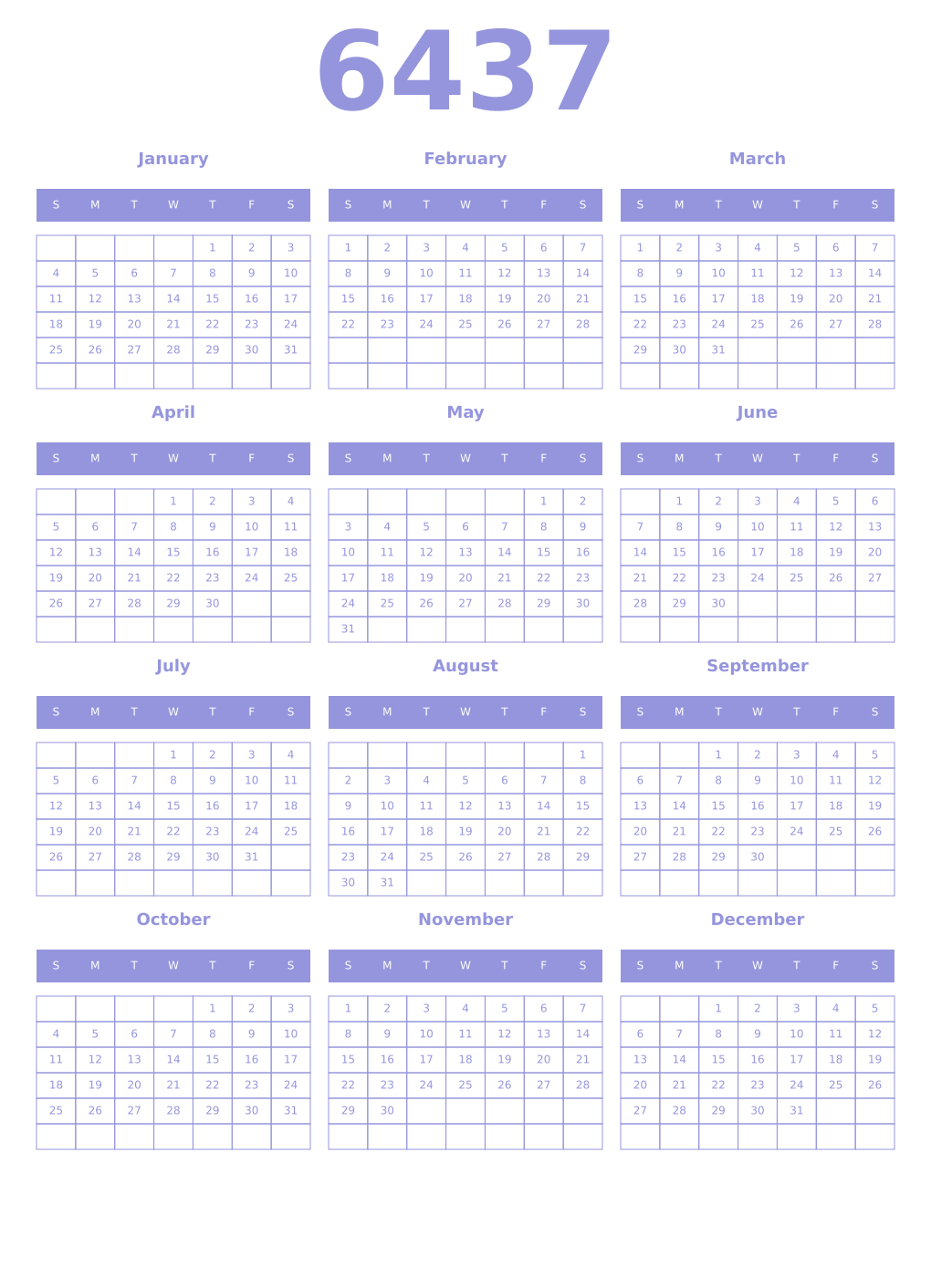 Printable 6437 Year Calendars periwinkle