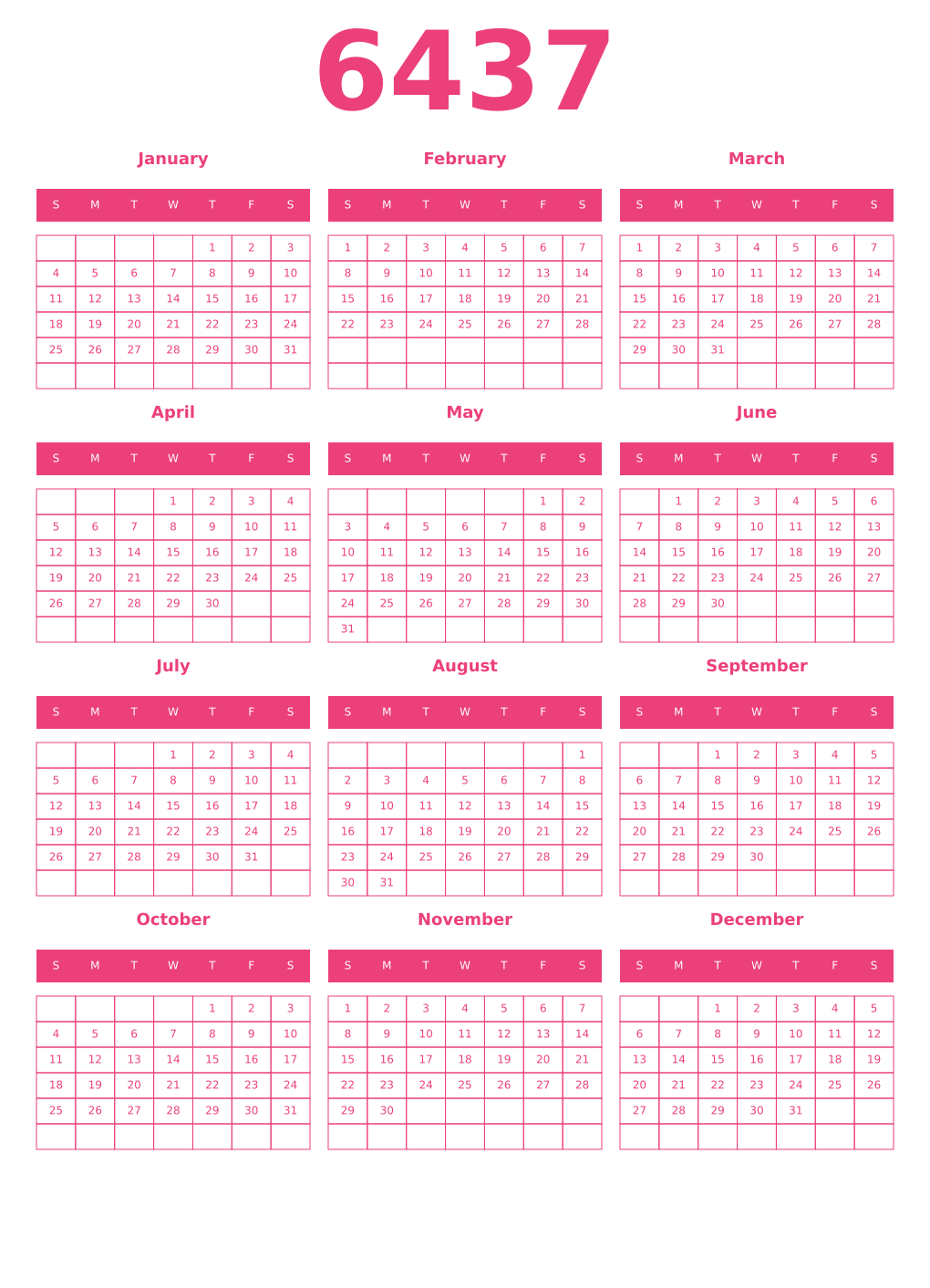 Printable 6437 Year Calendars pink