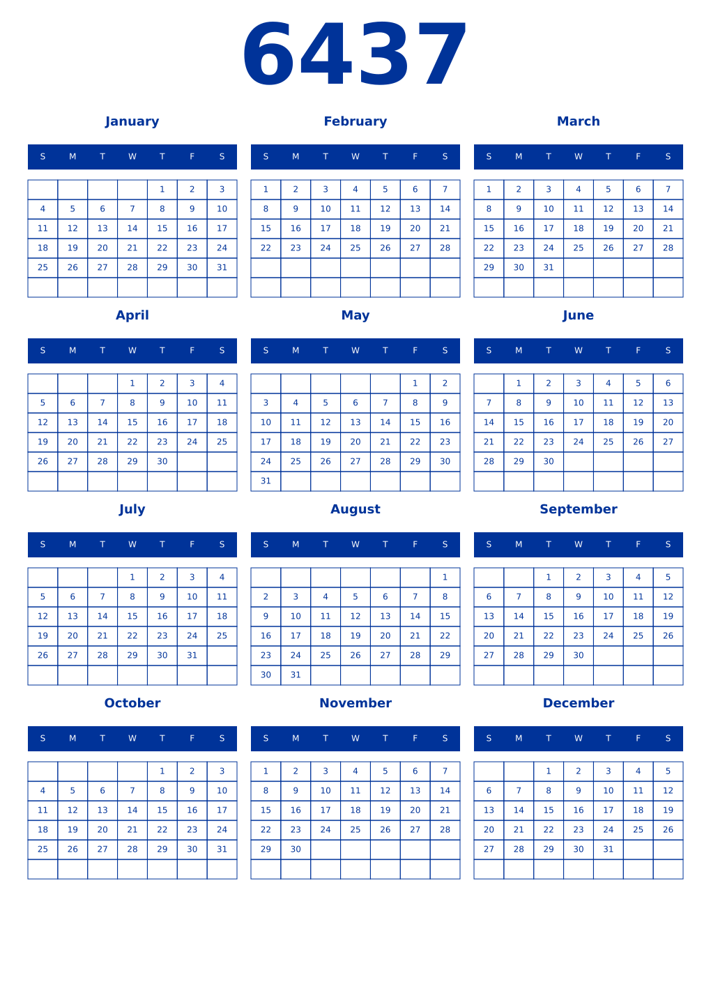 Printable 6437 Year Calendars smalt