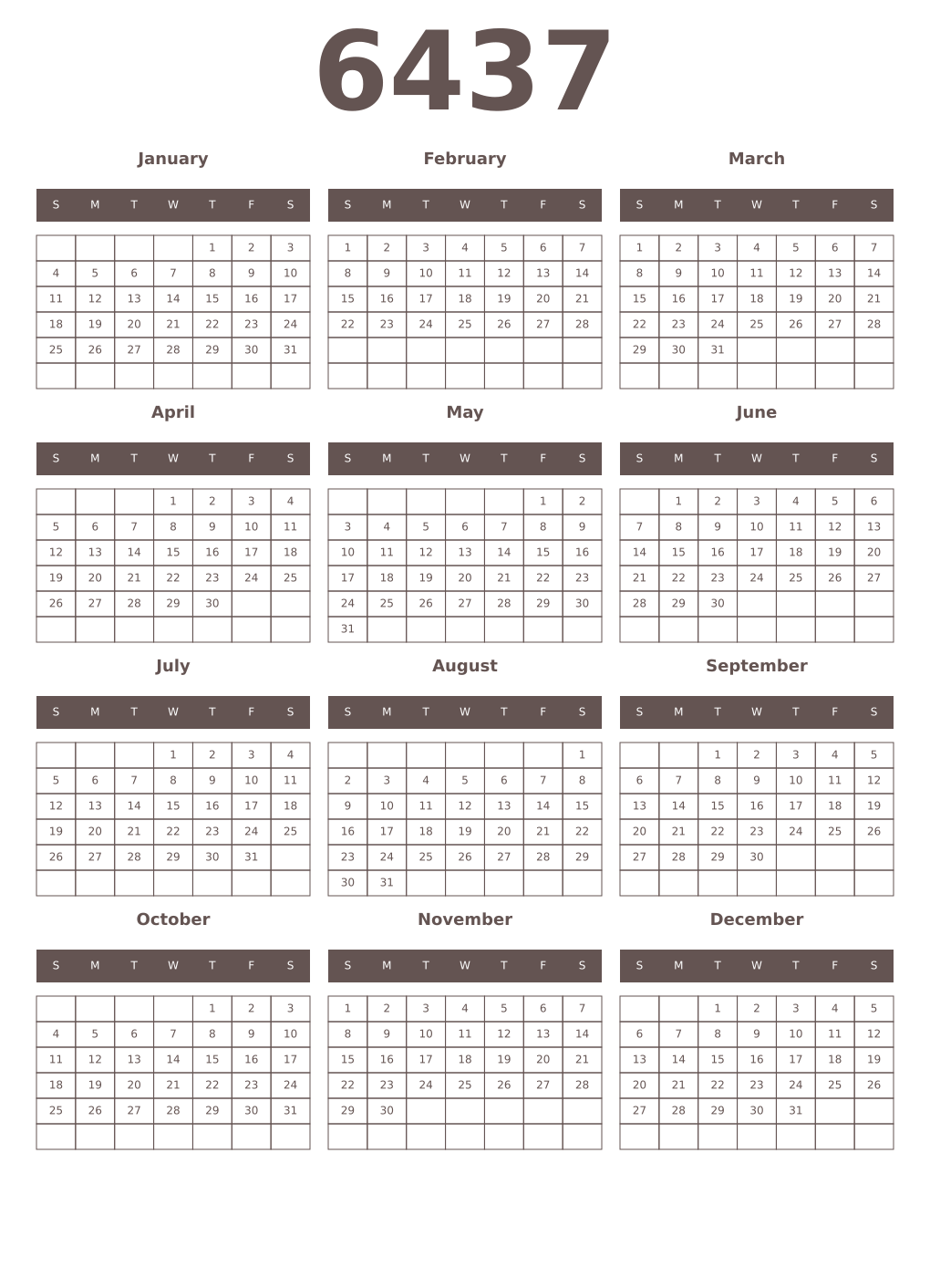 Printable 6437 Year Calendars wenge