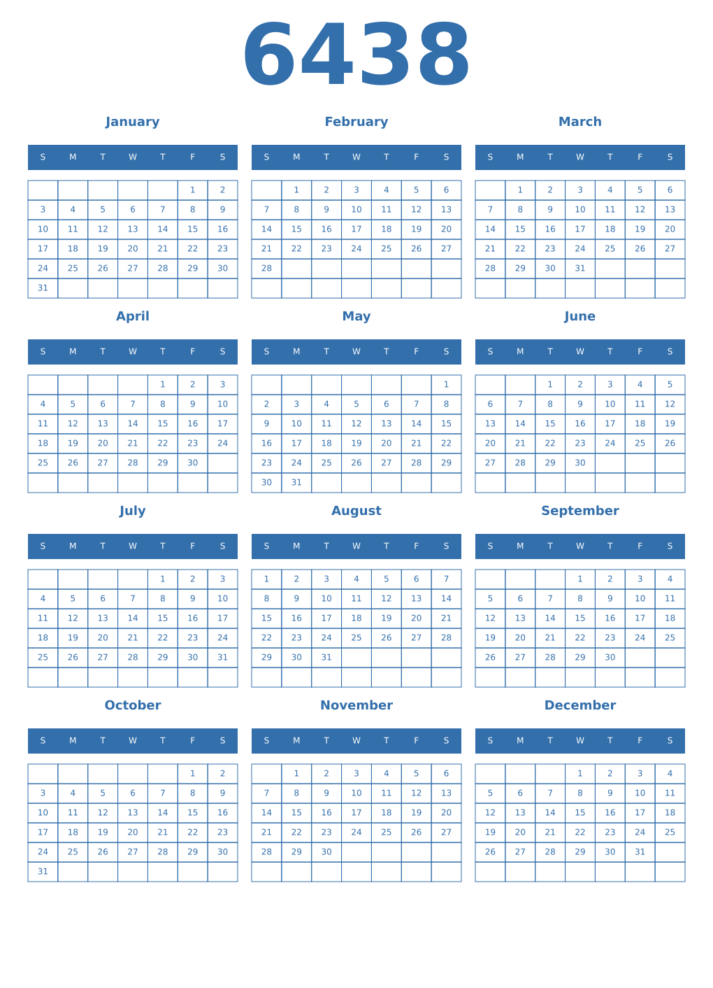 Printable 6438 Year Calendars blue