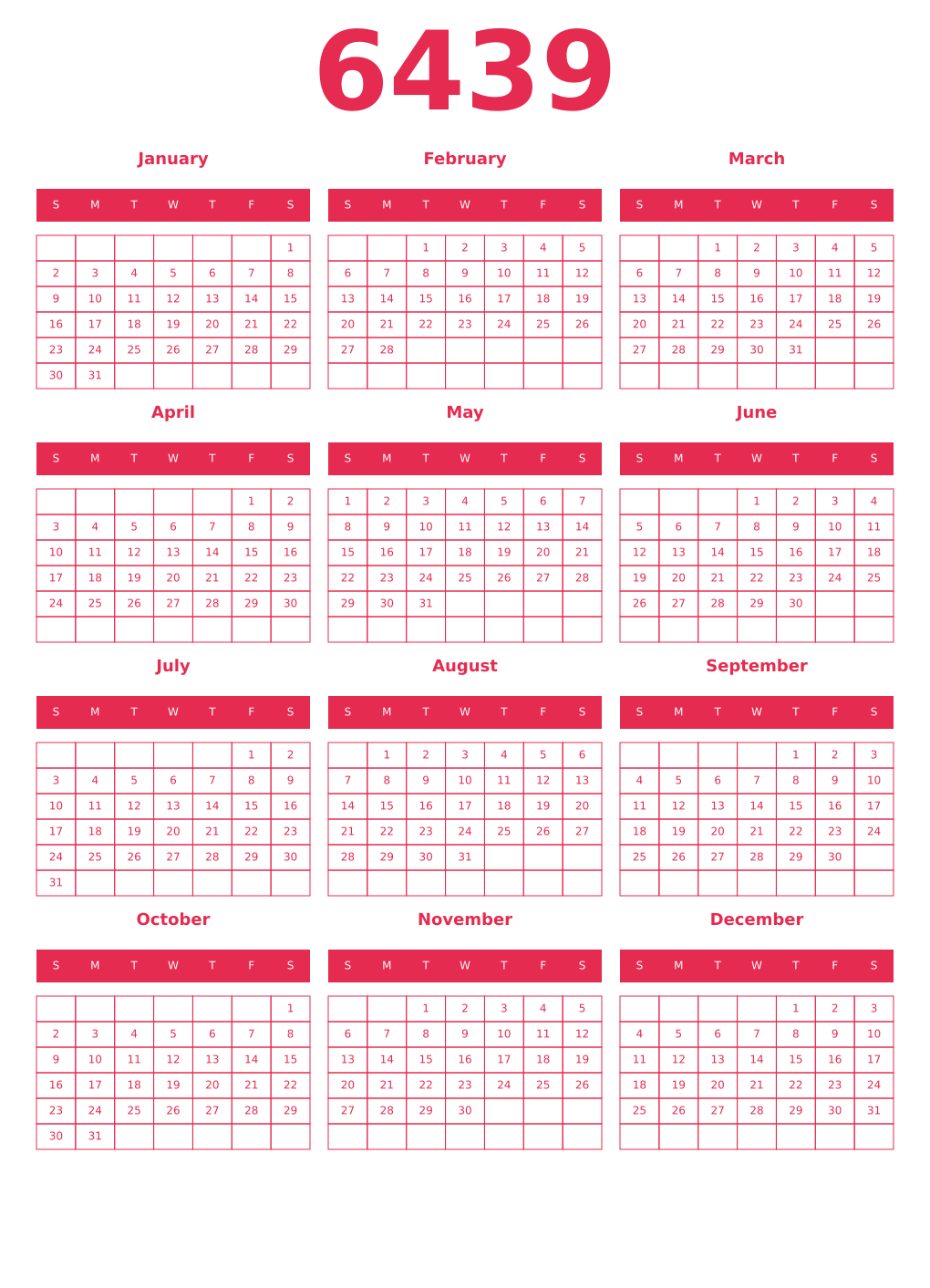 Printable 6439 Year Calendars amaranth