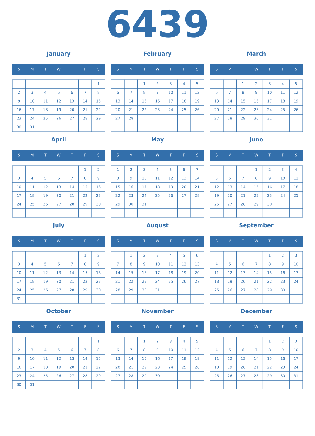 Printable 6439 Year Calendars blue
