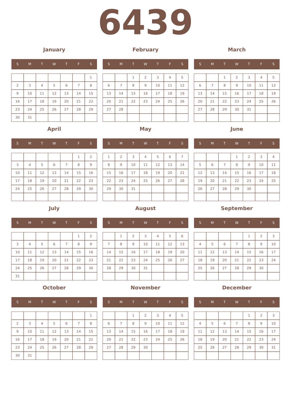 Printable 6439 Year Calendars coffe