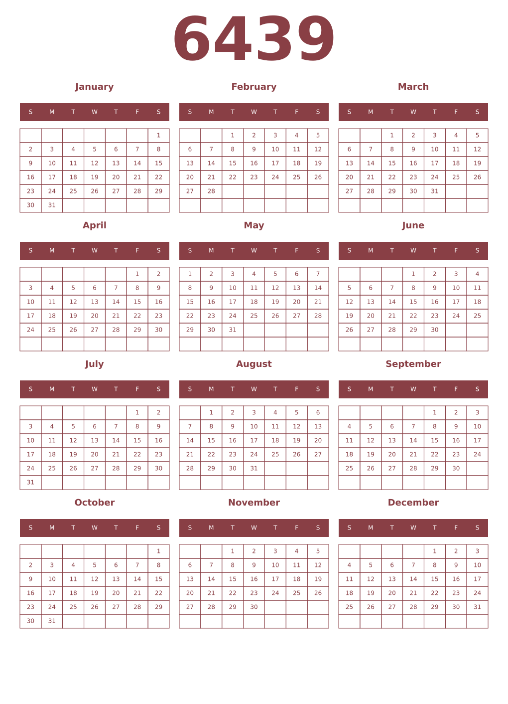 Printable 6439 Year Calendars cordovan