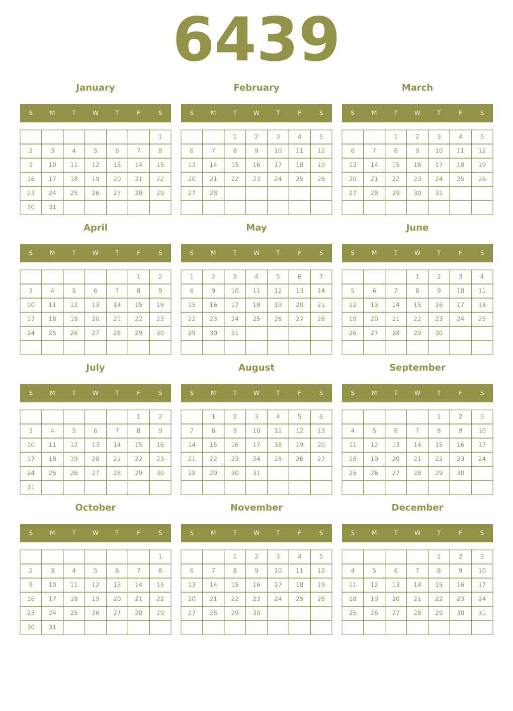 Printable 6439 Year Calendars eburnean