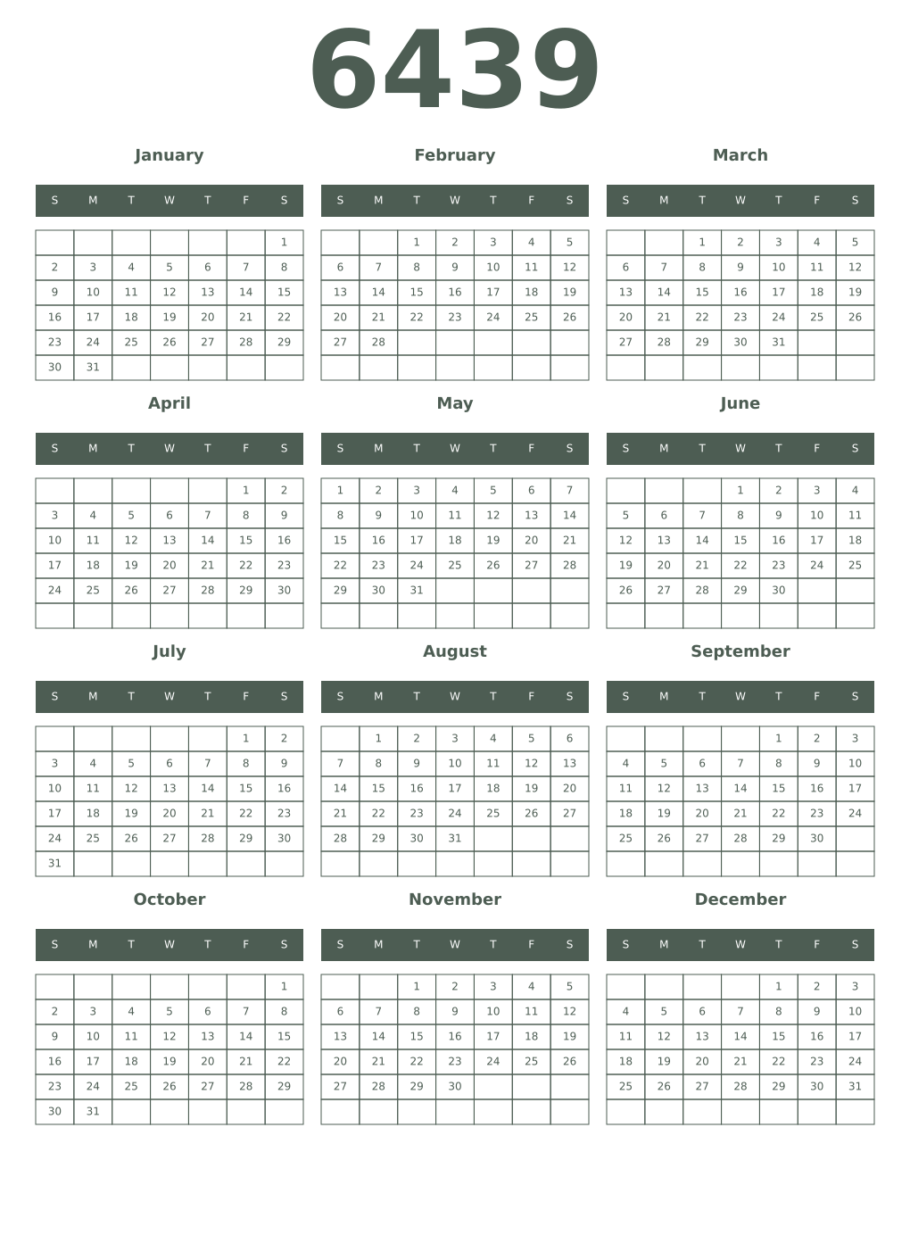Printable 6439 Year Calendars feldgrau