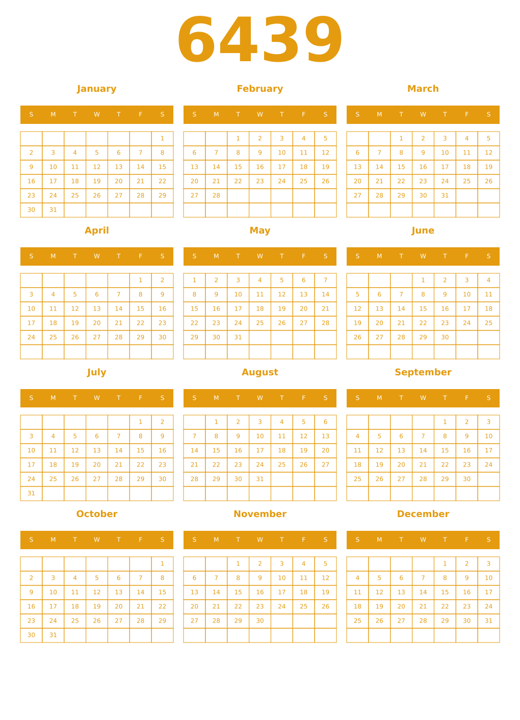 Printable 6439 Year Calendars gamboge