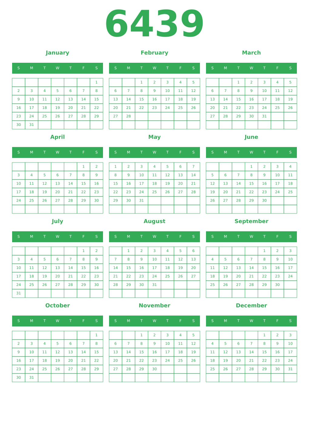 Printable 6439 Year Calendars green
