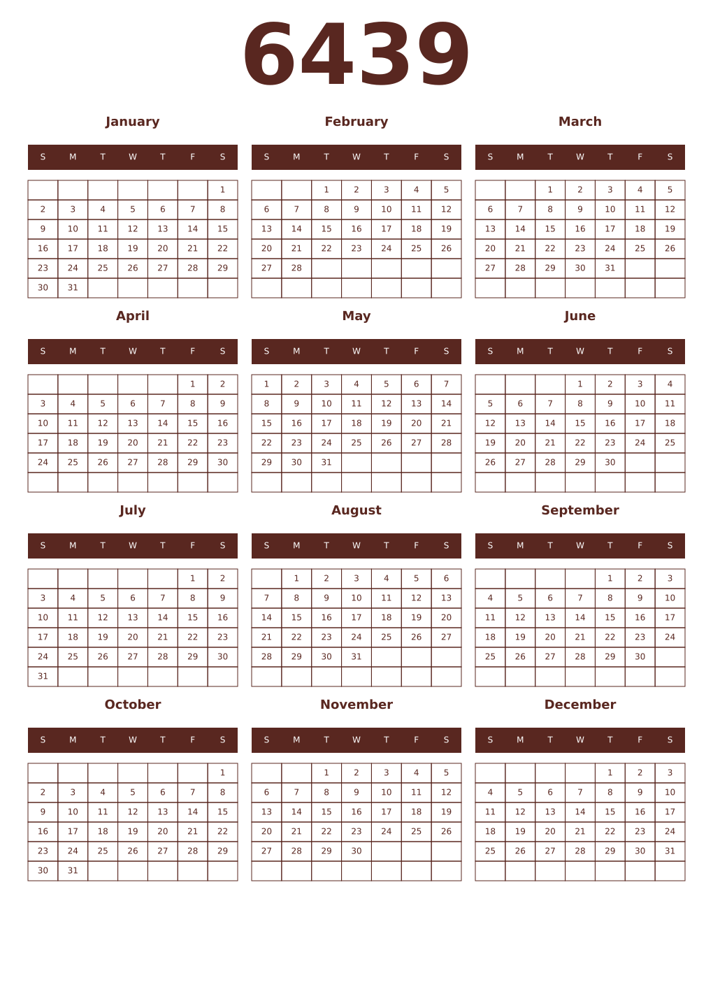 Printable 6439 Year Calendars mortuum
