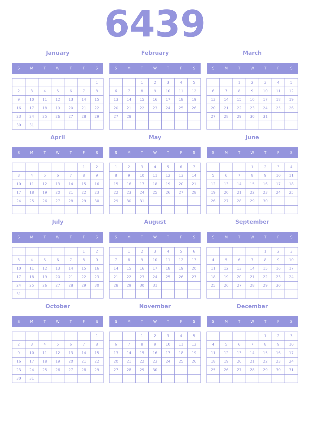 Printable 6439 Year Calendars periwinkle