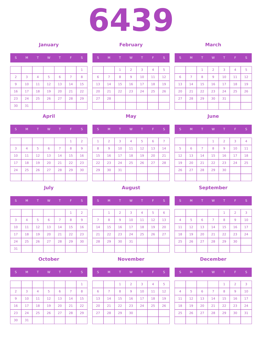 Printable 6439 Year Calendars purple