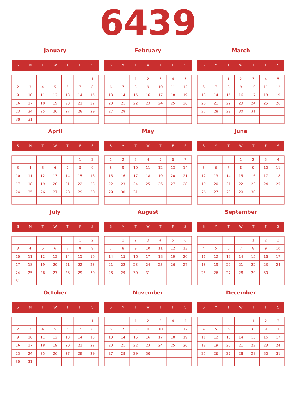 Printable 6439 Year Calendars red