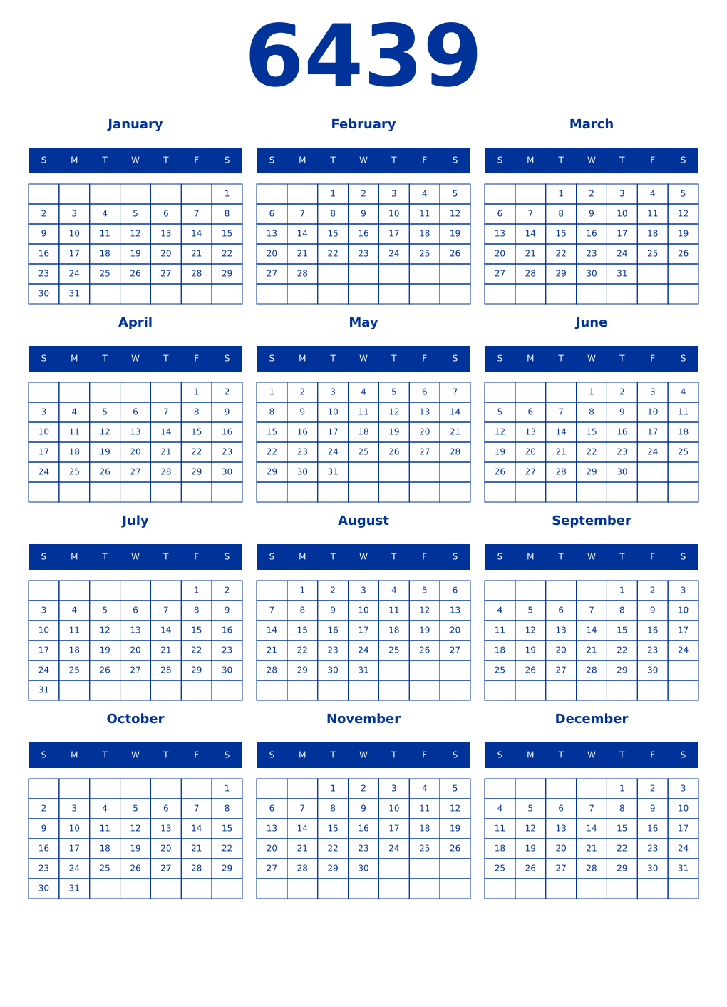 Printable 6439 Year Calendars smalt