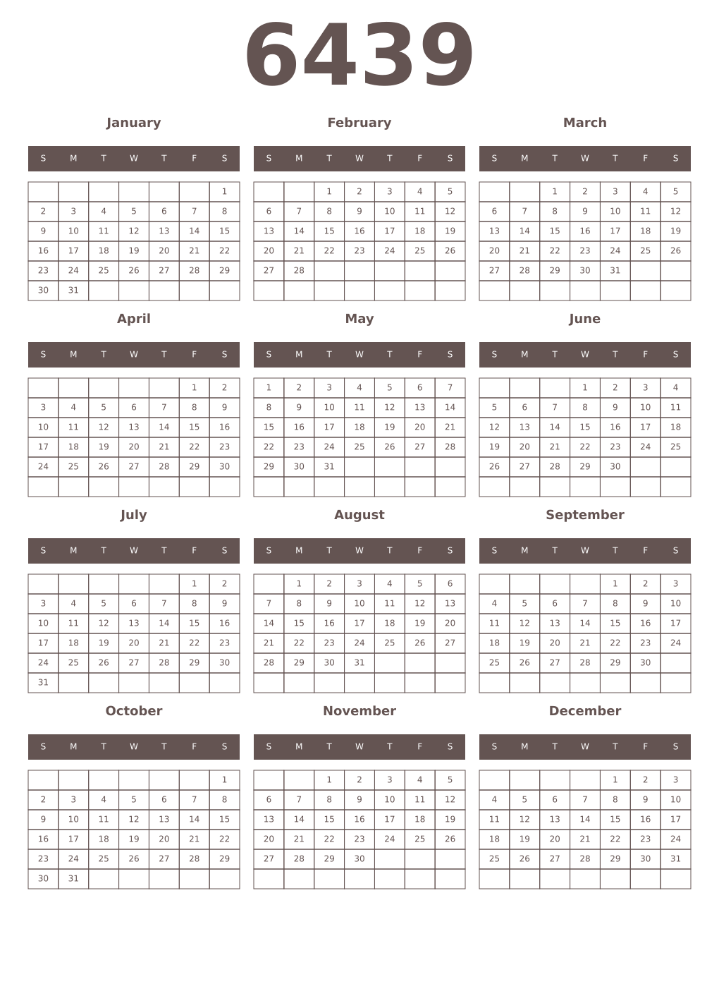 Printable 6439 Year Calendars wenge