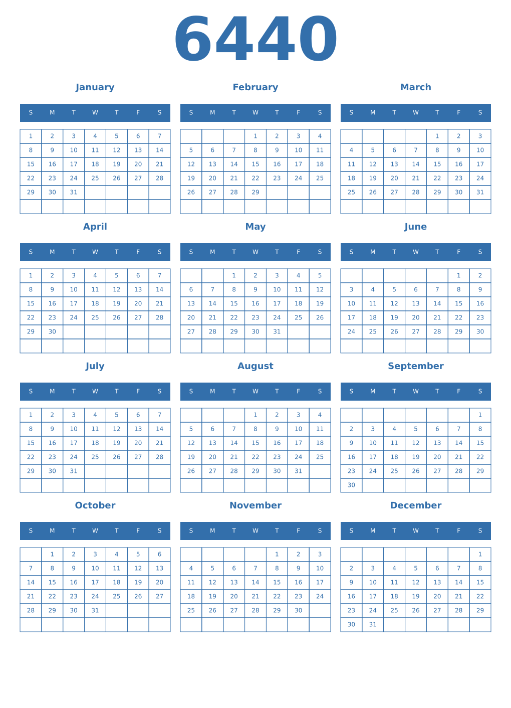 Printable 6440 Year Calendars blue