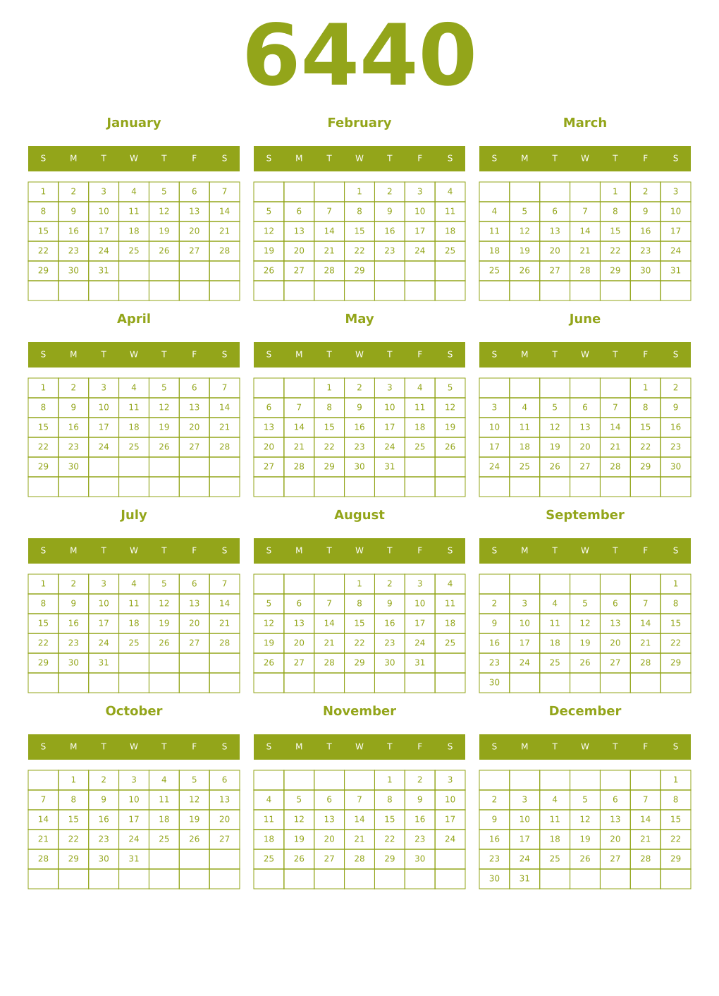 Printable 6440 Year Calendars chartreuse