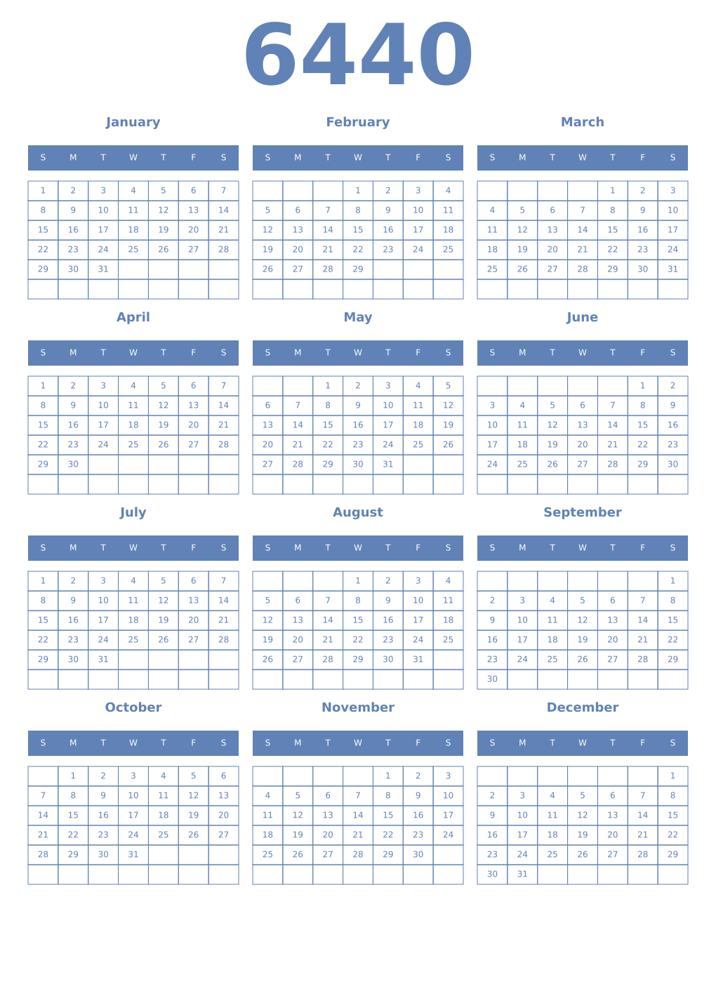Printable 6440 Year Calendars glaucous