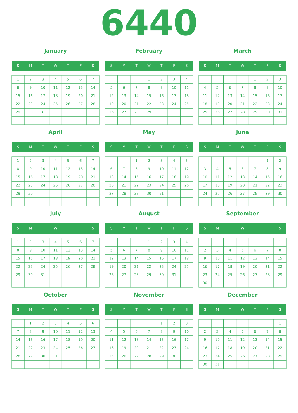 Printable 6440 Year Calendars green