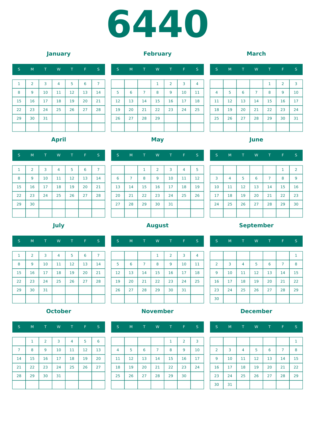 Printable 6440 Year Calendars pastel