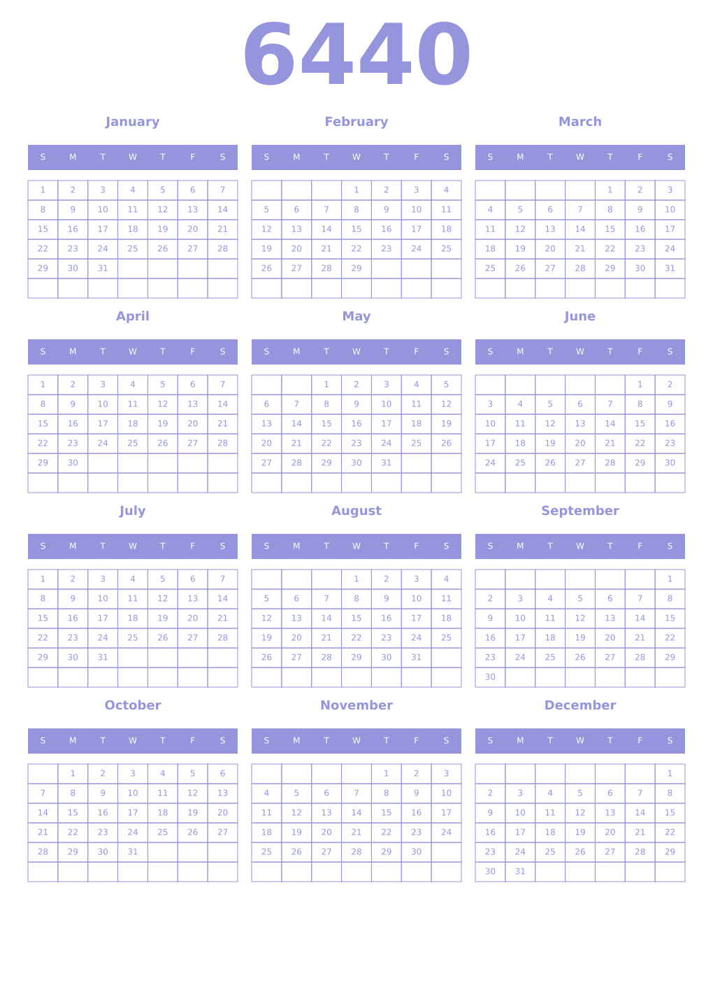 Printable 6440 Year Calendars periwinkle