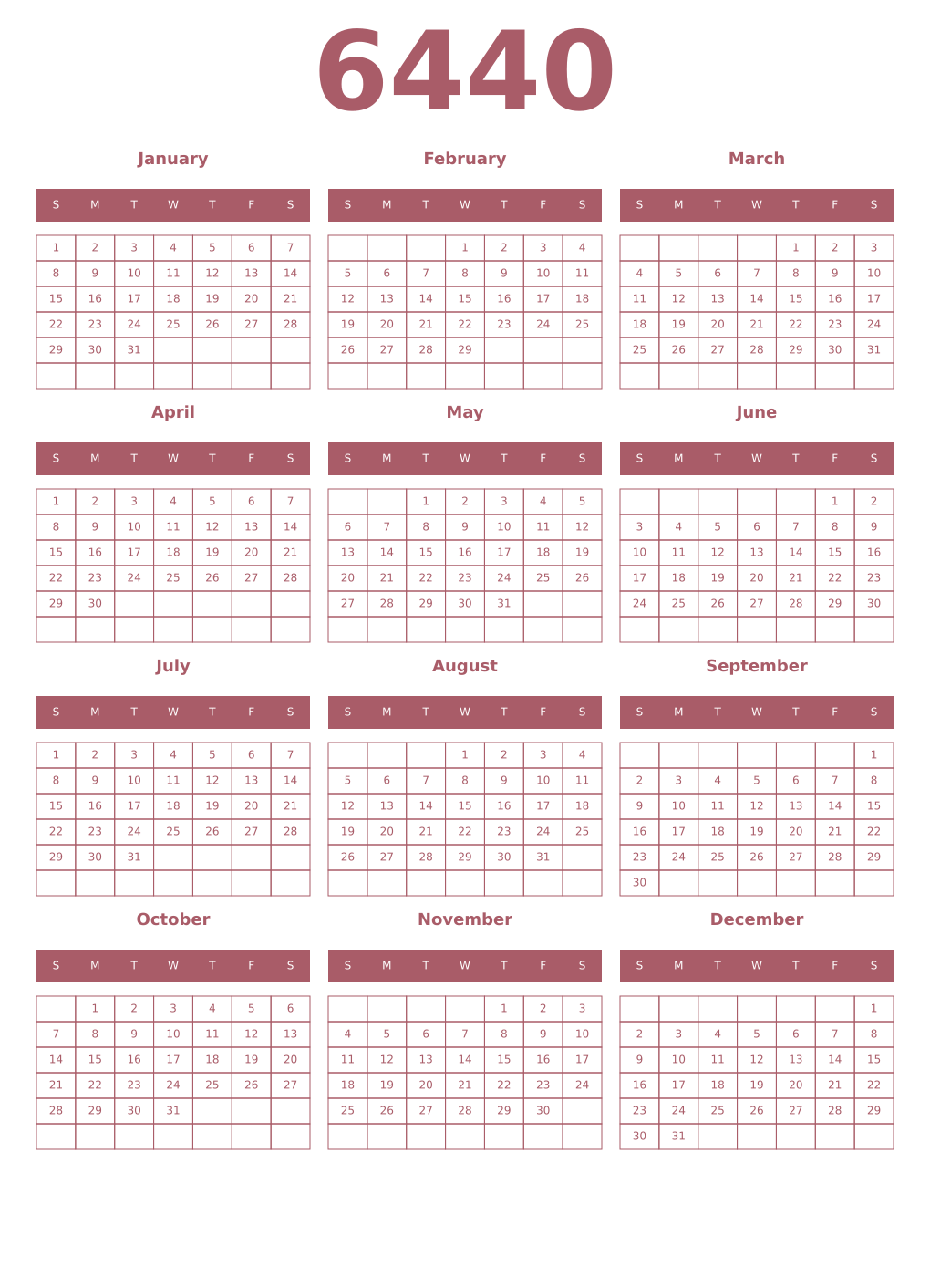 Printable 6440 Year Calendars puce