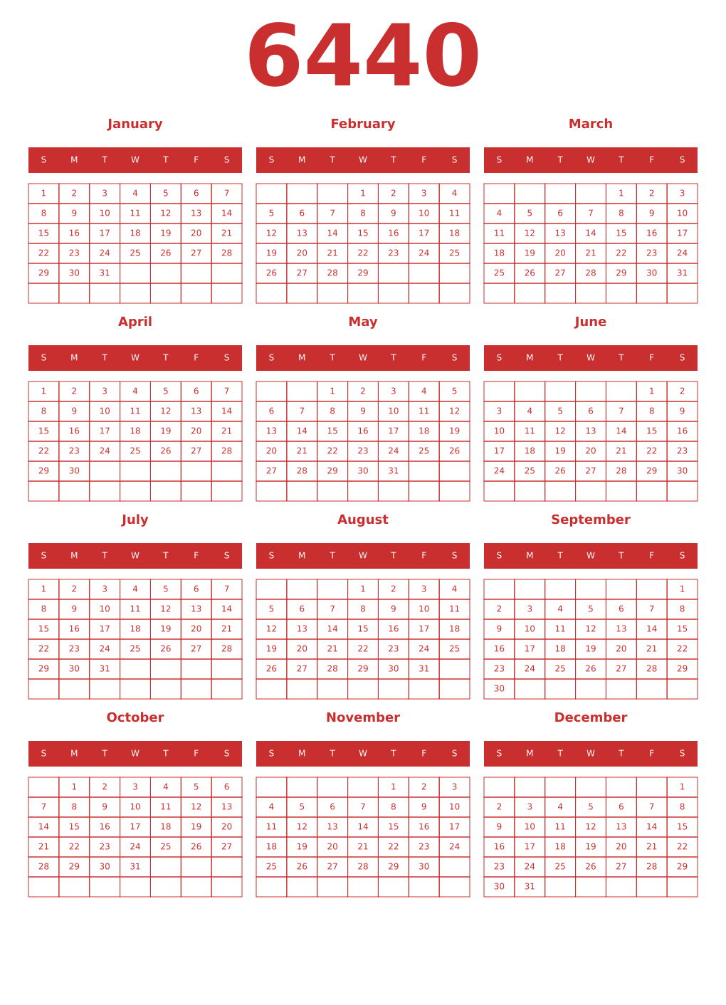 Printable 6440 Year Calendars red