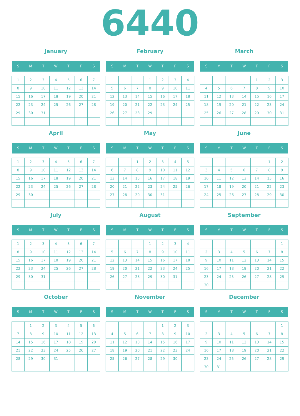 Printable 6440 Year Calendars verdigris